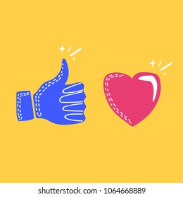 Thumbs up and heart icon on a yellow background, flat vector illustration.