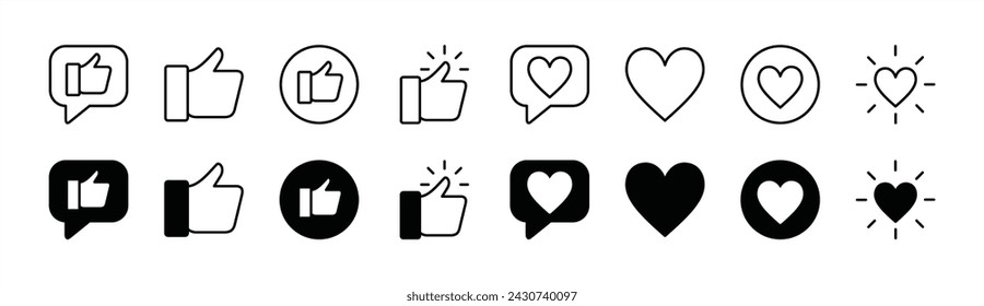 Thumbs up and heart icon set. Like and love icons. Containing comment, feedback, rating, satisfaction, survey, customer service and support for app and website. Vector illustration