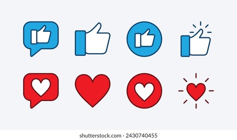 Daumen hoch und Herz-Icon-Set. Ich mag und liebe Icons. Enthält Kommentare, Feedback, Bewertung, Zufriedenheit, Umfrage, Kundenservice und Support für Social Media. Vektorgrafik