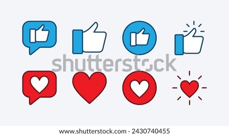 Thumbs up and heart icon set. Like and love icons. Containing comment, feedback, rating, satisfaction, survey, customer service and support for social media. Vector illustration