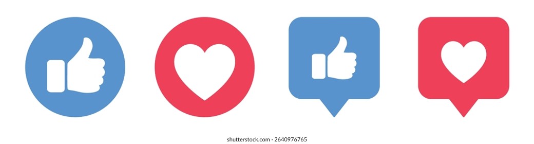 Thumbs up and heart icons. shown in round and speech bubble styles. Perfect for social media, marketing, reactions, feedback, and engagement design for apps or websites.