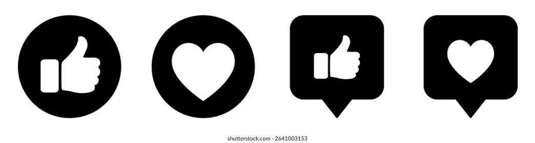 Thumbs up and heart icons. shown in round and speech bubble styles. Perfect for social media, marketing, reactions, feedback, and engagement design for apps or websites. Icons, vector.