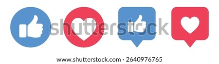 Thumbs up and heart icons. shown in round and speech bubble styles. Perfect for social media, marketing, reactions, feedback, and engagement design for apps or websites.