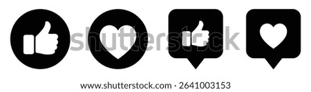 Thumbs up and heart icons. shown in round and speech bubble styles. Perfect for social media, marketing, reactions, feedback, and engagement design for apps or websites. Icons, vector.