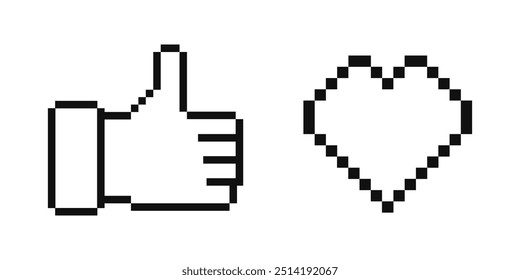 Thumbs and heart pixel icon. Pixel like and heart. Vector illustration. 