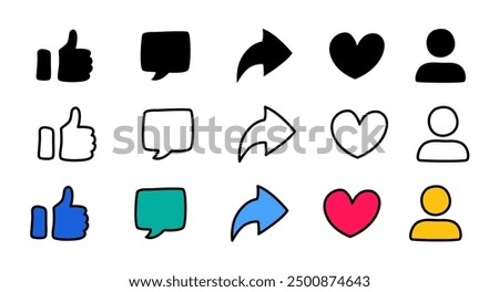 Thumbs up and heart, share, comment, user vector icons hand drawn