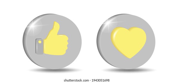 Thumbs up and hearts button, social media vector icon. 3d vector in yellow and gray colors isolated on white background.