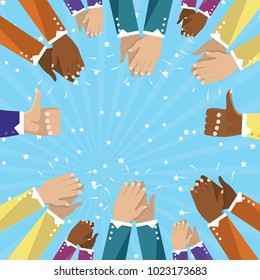 Thumbs up and human hands clapping isolated on blue background. Thumb up flat hand for social network, blog and app. Party celebration concept, modern design