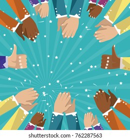 Thumbs up and human hands clapping isolated on turquoise background. Thumb up flat hand for social network, blog and app. Party celebration concept, modern design