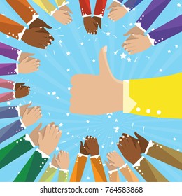 Thumbs up and human hands clapping isolated on blue background. Cloose-up thumb up flat hand for social network, blog and app. Party celebration concept, modern design