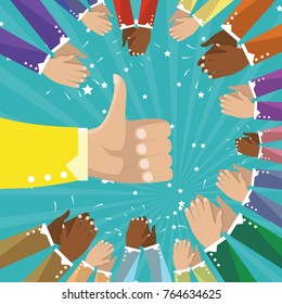 Thumbs up and human hands clapping isolated on blue background. Cloose-up thumb up flat hand for social network, blog and app. Party celebration concept, modern design