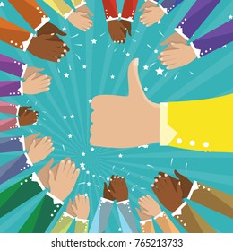 Thumbs up and human hands clapping isolated on blue background. Cloose-up thumb up flat hand for social network, blog and app. Party celebration concept, modern design