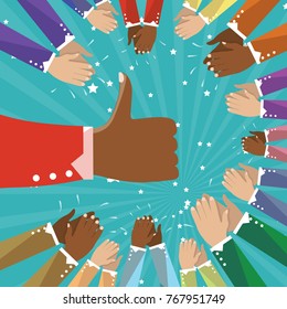 Thumbs up and human hands clapping isolated on blue background. Cloose-up thumb up flat hand for social network, blog and app. Party celebration concept, modern design