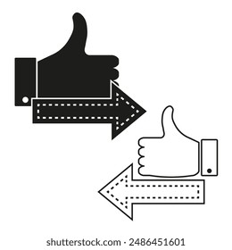 Thumbs up icon. Arrows direction vector. Positive feedback symbol. Black and white.