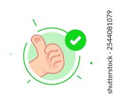 thumbs up icon with a check mark, symbolizing positivity, approval, or successful status. indicating that are completed, processes that are verified, no actions needed or that everything is in good