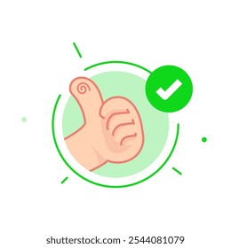 thumbs up icon with a check mark, symbolizing positivity, approval, or successful status. indicating that are completed, processes that are verified, no actions needed or that everything is in good