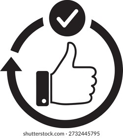Un icono de pulgar hacia arriba con una marca de verificación en una flecha circular sobre un fondo transparente