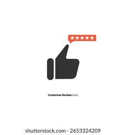 Thumbs up icon with five-star rating bubble. Represents positive customer review, satisfaction, and recommendation. Ideal for web and app UI.