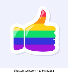 Thumbs Up Icon. LGBTQ+ related symbol in rainbow colors. Gay Pride.  Raibow Community Pride Month. Love, Freedom, Support, Peace Symbol. Flat Vector Design Isolated on White Background