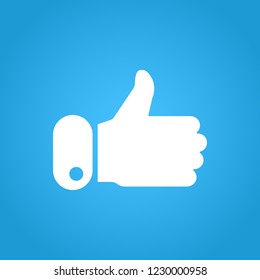 Thumbs up icon on blue background. Like symbol. Blogging and online messaging, social networking services. Counter notification icon. Social media element. Happy customer concept. Vector illustration.