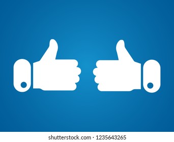 Thumbs up icon on blue background. Like symbol. Blogging and online messaging, social networking services. Counter notification icon. Social media element. Happy customer concept. Vector illustration.