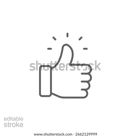 Thumbs up icon. Outline style. Hand gesture, like symbol, approval, agree, positive feedback, vote yes, confirm, success sign, social media interaction. Thin line symbol. Editable stroke.