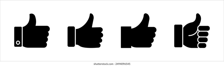 Conjunto de iconos de pulgar hacia arriba, Pulgar negro arriba sobre fondo blanco, Ilustración vectorial.