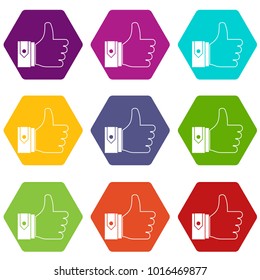 Thumbs up icon set many color hexahedron isolated on white vector illustration