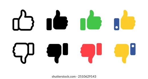 Ícone de Polegar para cima. Símbolo de Polegar para baixo. Como a ilustração de vetor com o dedo do botão para cima. Sinal de antipatia. Aprovar pictograma. Emoji com dedo da mão. Conceito isolado de voto positivo e negativo.