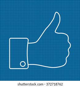 thumbs up  icon. Vector illustration on Blueprint Background.