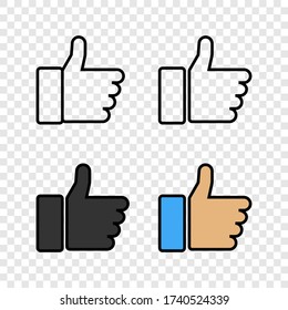 Thumbs up icons. Like vector icons, isolated. Like or Thumb up in different design. Thumb up. Like. Vector illustration