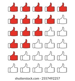 Thumbs up icons. Red and white rows. Approval gesture pattern. Vector illustration.
