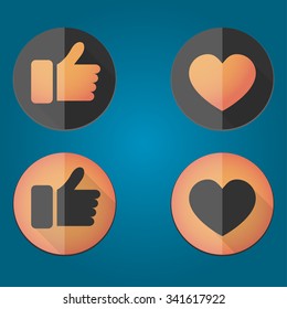 Thumbs up icons set. Flat style social network vector icon for app and web site. Like, heart icons with long shadow