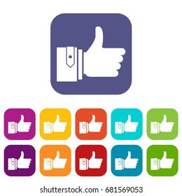 Thumbs up icons set vector illustration in flat style in colors red, blue, green, and other
