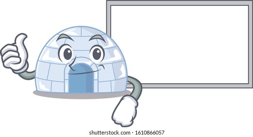 Thumbs up of igloo cartoon design with board