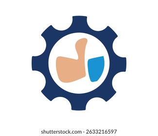 Thumbs up inside a gear. Symbolizes approval, positive feedback, efficiency, progress, support. Good for presentations and websites needing visual metaphors.