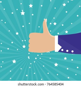 Thumbs up isolated on blue background. Close-up of thumb up flat hand for social network, blog and app. Party celebration concept, modern design