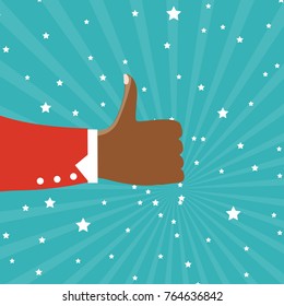 Thumbs up isolated on blue background. Close-up of thumb up flat hand for social network, blog and app. Party celebration concept, modern design