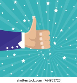 Thumbs up isolated on blue background. Close-up of thumb up flat hand for social network, blog and app. Party celebration concept, modern design