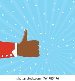 Thumbs up isolated on blue background. Close-up of thumb up flat hand for social network, blog and app. Party celebration concept, modern design