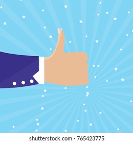 Thumbs up isolated on blue background. Close-up of thumb up flat hand for social network, blog and app. Party celebration concept, modern design