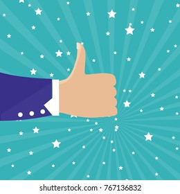 Thumbs up isolated on blue background. Close-up of thumb up flat hand for social network, blog and app. Party celebration concept, modern design