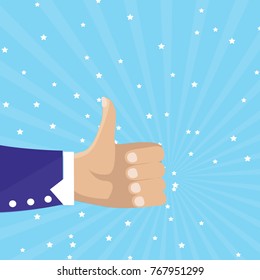 Thumbs up isolated on blue background. Close-up of thumb up flat hand for social network, blog and app. Party celebration concept, modern design