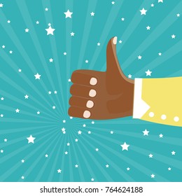 Thumbs up isolated on turquoise background. Close-up of thumb up flat hand for social network, blog and app. Party celebration concept, modern design