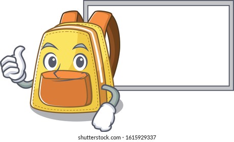 Thumbs up of kids school backpack cartoon design with board