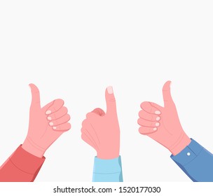 Thumbs lifted up. Many hands with thumbs up feedback through. Good, cool job, teamwork. Team hands show approval gesture. Flat style. Vector illustration.