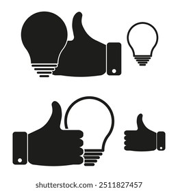 Thumbs up lightbulb icon. Idea approval concept. Simple vector symbol. Bold minimalist design.