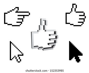 thumbs up like and arrow pixel cursor 3d