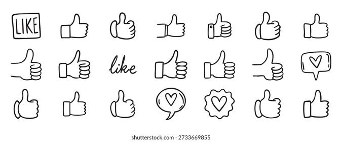 Thumbs up like doodle hand drawn icon set. Social media approval button. Hand gesture vector illustration for web design. Vector illustration