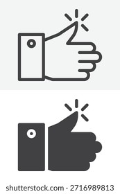 Pulgares hacia arriba como icono de gesto establecido en estilo diferente. Versiones de contorno de línea e icono sólido. Signo y Vector de trazo editables. Icono de Me gusta para el Comentarios y la clasificación de la interfaz de usuario.